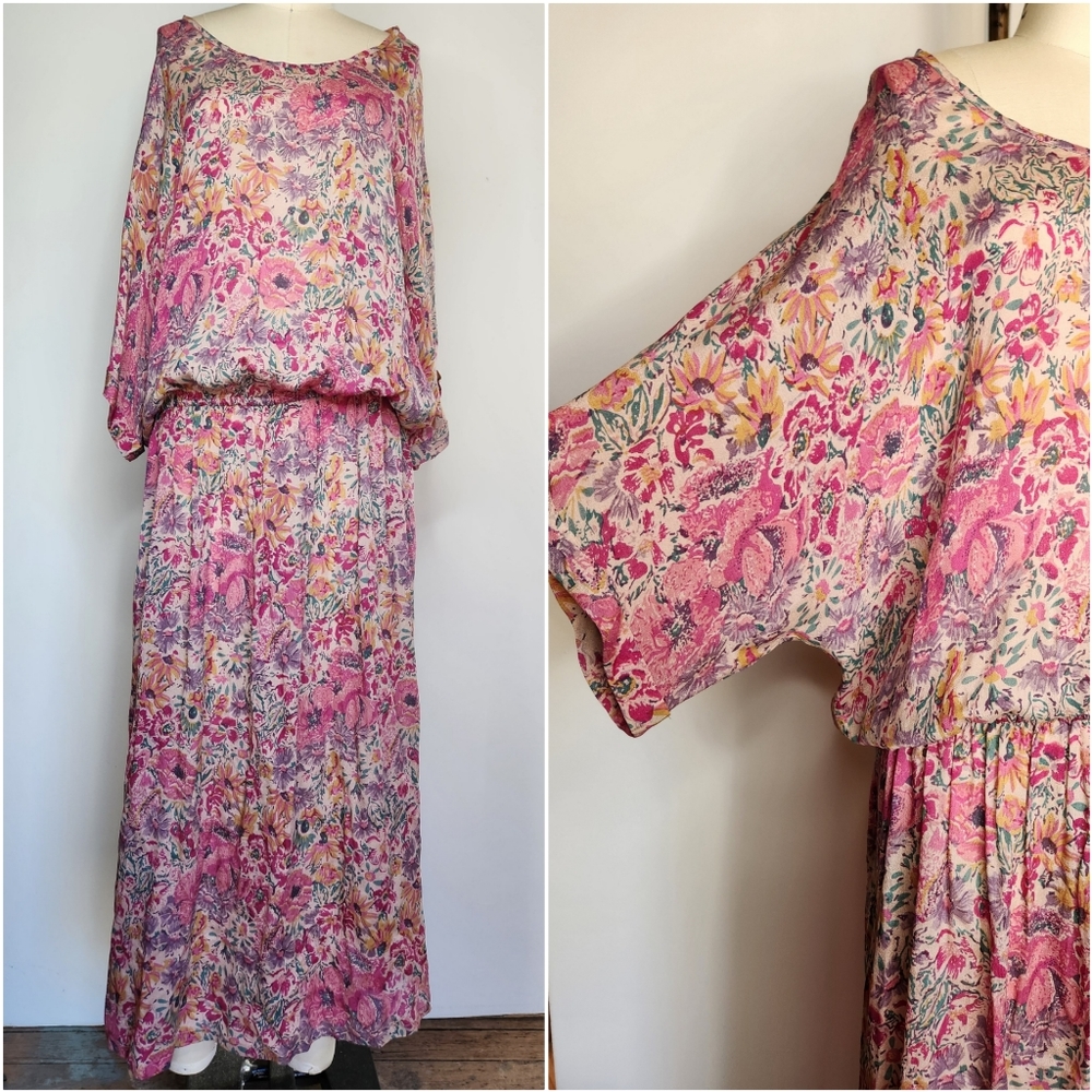 Mes Demoiselles 100%Silk Maxi Dress Pink Floral Kimono Wide Sleeves Long Slits 8